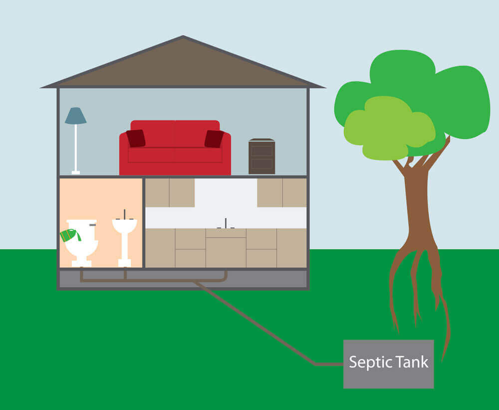 A cross section of a house showing the septic tank location
